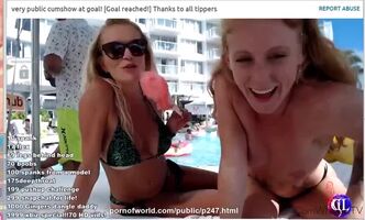Two blondes by the pool in front of a webcam masturbate with naked boobs